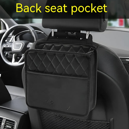 Leather car interior hanging storage bag in colour choice, showing handle and 25cm dimensions.