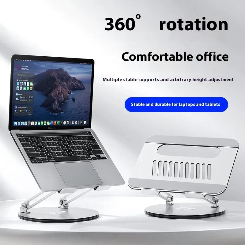 Silver aluminium alloy laptop stand with adjustable height and rotatable design on wooden desk