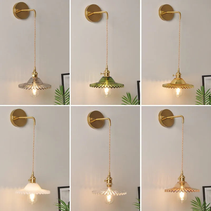 Copper retro lotus wall lamp with glass shade in amber colour variation