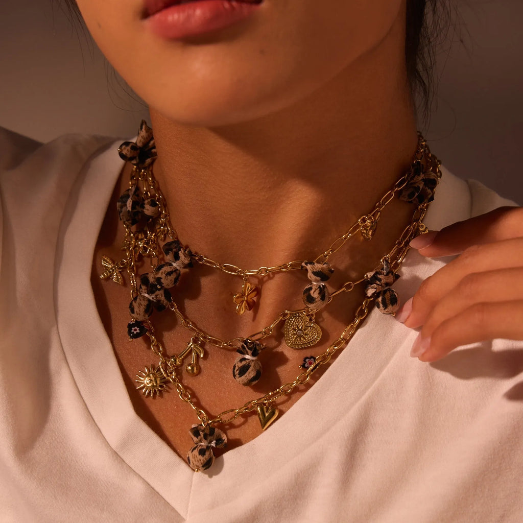 Stainless steel necklace with leopard, heart and flower pendant on adjustable 41-50cm chain