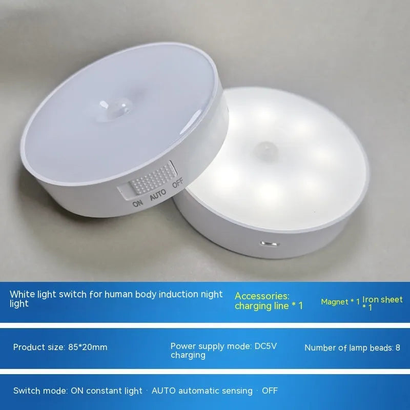 White USB rechargeable LED body induction night light with adhesive backing showing 86mm diameter