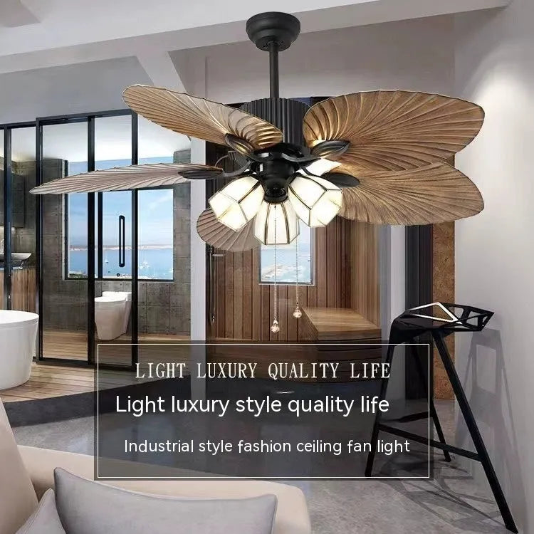 52-inch retro ceiling fan light with rubber leaf blades and integrated lights