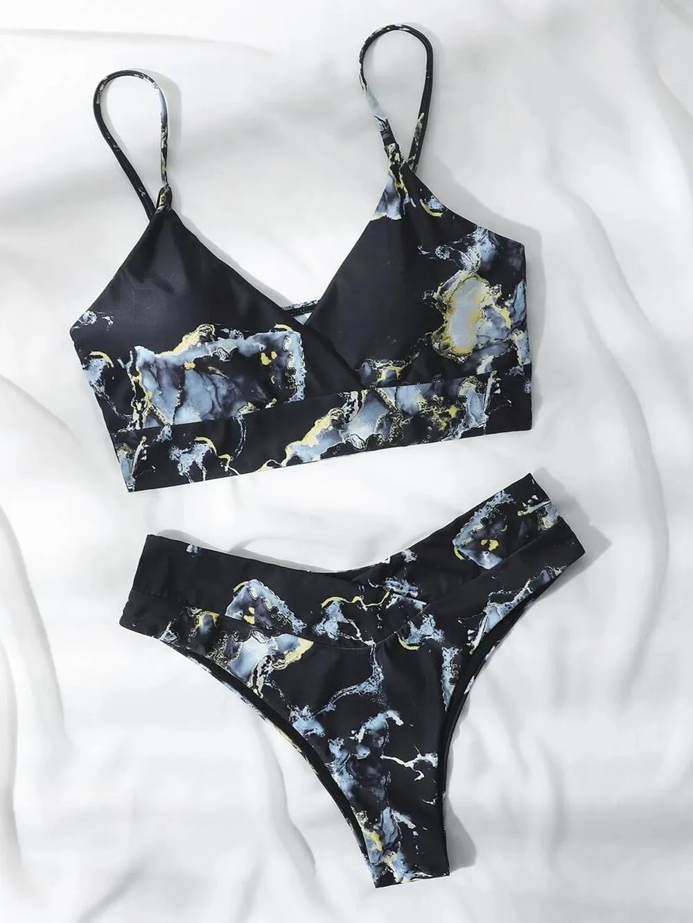 Women's marble tie-dye bikini set with U-neck top and high-waist briefs in blue colour variation