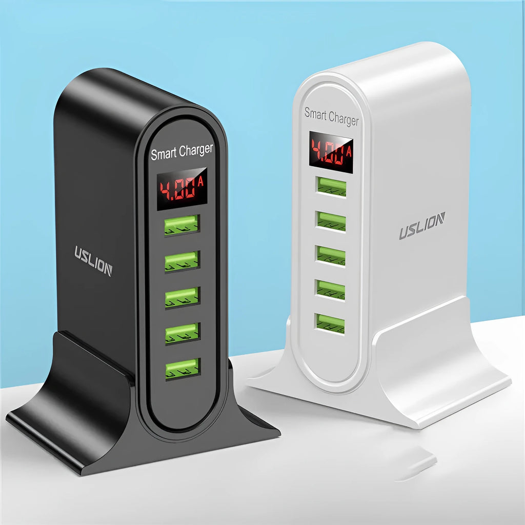 Smart LED digital display USB charger with black or white casing showing EU, UK and US plug options