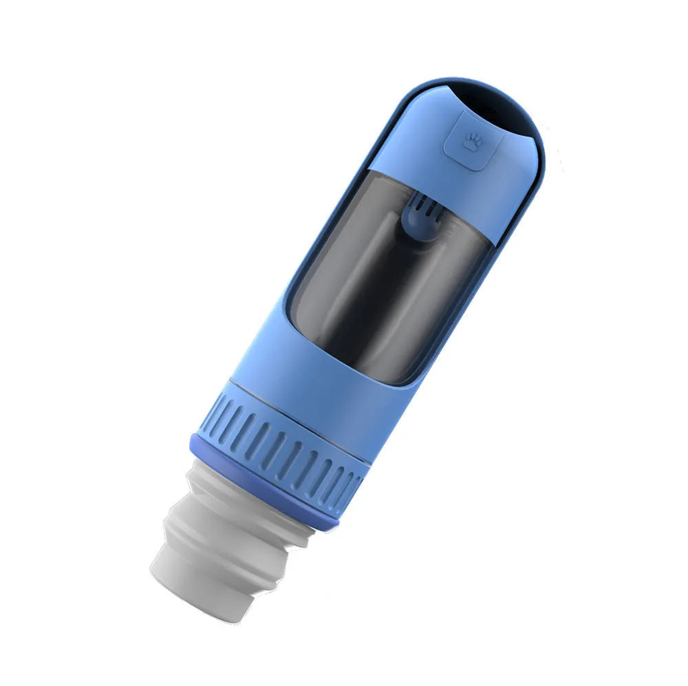 Portable dark blue dog water bottle with integrated drinking bowl and leak-proof cap.