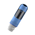 Portable dark blue dog water bottle with integrated drinking bowl and leak-proof cap.