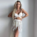 Sexy three-piece backless push-up bikini set in white with matching skirt