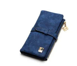 Vertical long wallet in retro matte PU leather with zip closure, shown open to reveal card slots and phone pocket.