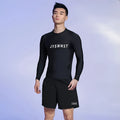 Men's plus size swimming set featuring a rash guard top and matching swim shorts on a grey background.