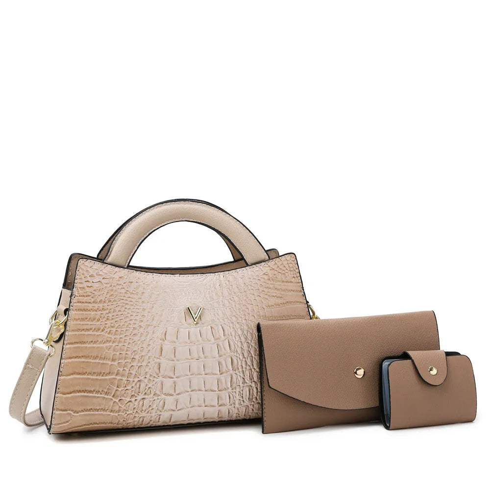 Women's black crocodile pattern PU leather crossbody bag showing internal phone and document pockets.