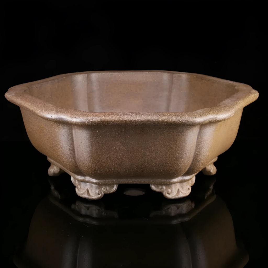 Large handmade purple sand flowerpot with hexagonal shape and traditional pine tree pattern.