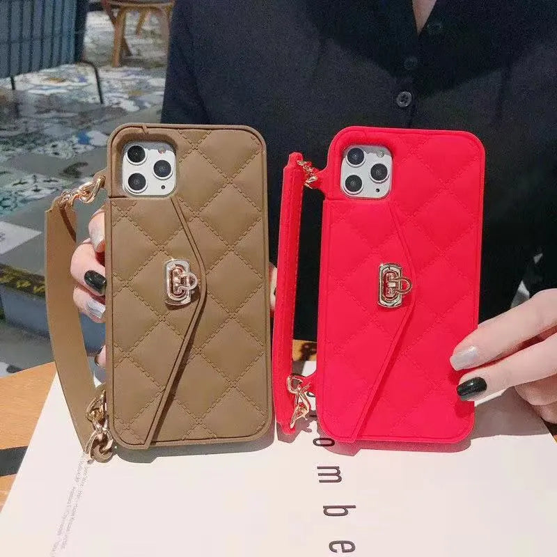 Silicone mobile phone case with attached pearl chain lanyard, shown in beige colour.