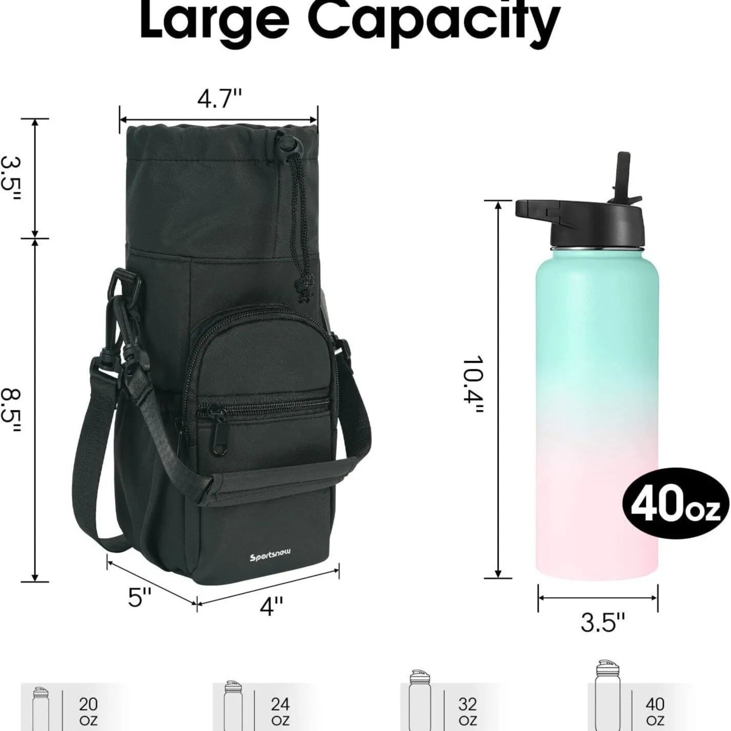 Canvas water bottle shoulder bag with crossbody strap in black, green, and pink colour options