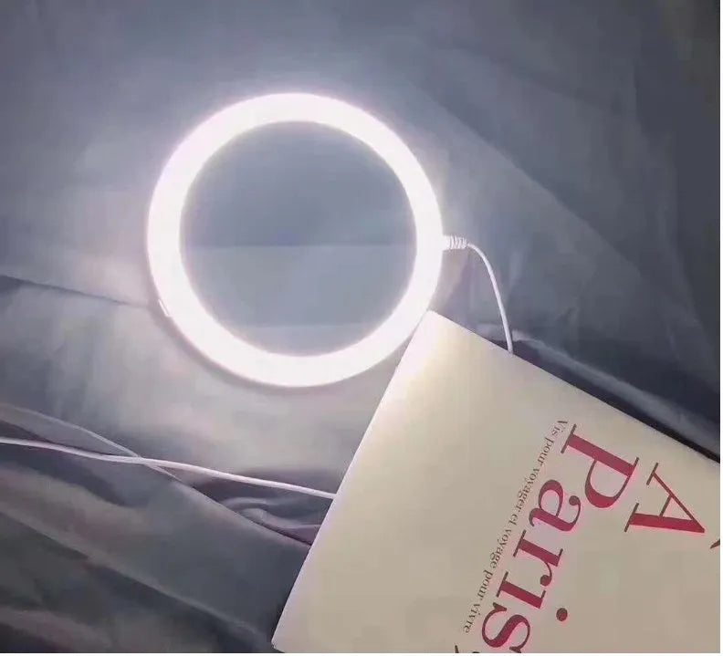 White foldable LED vanity mirror with beauty fill light showing double-sided design and USB charging port