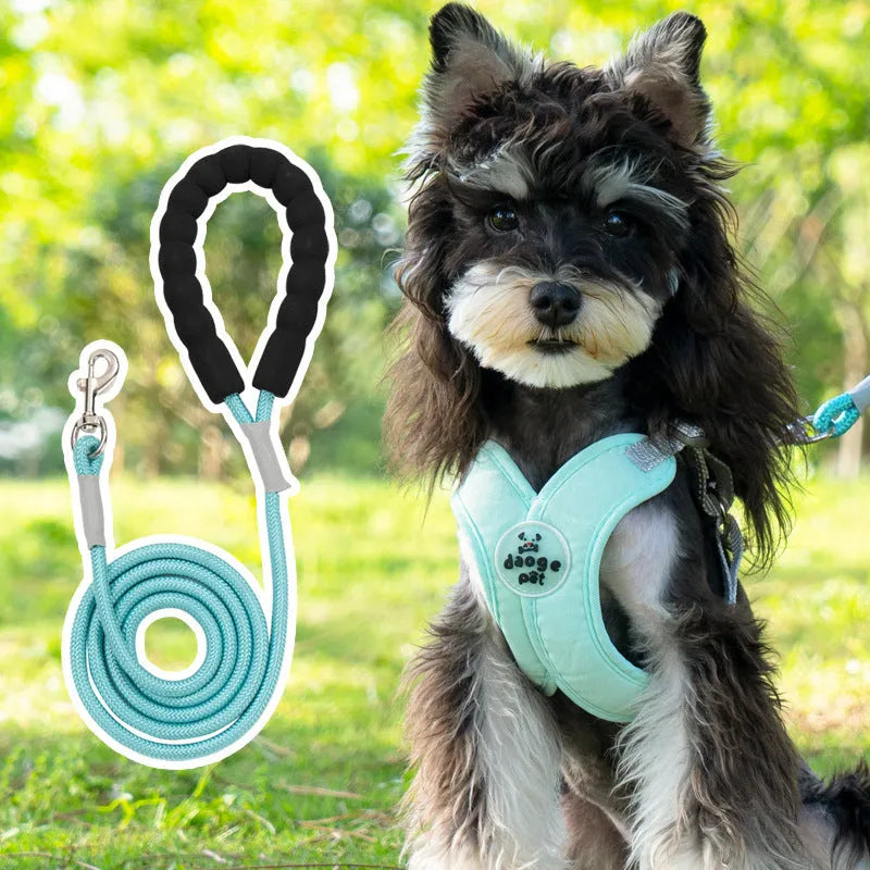Blue polyester pet vest harness with attached hand holding rope for dog control.