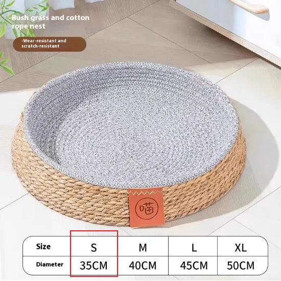 Rattan woven cat bed or nest for pets, shown in available sizes S, M, L, XL