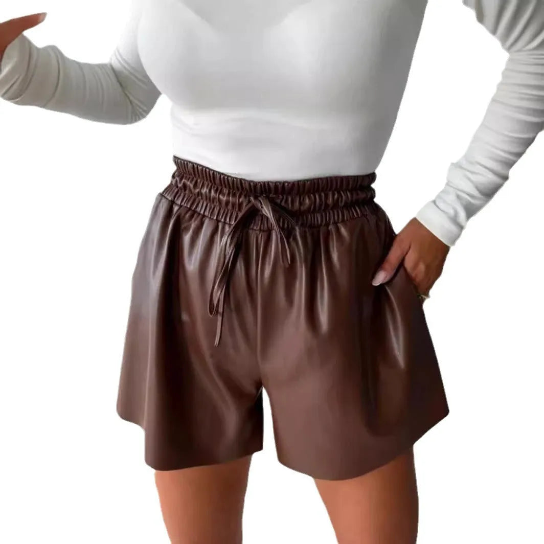 Women's black drawstring lace-up PU leather wide-leg casual shorts with mid waist design