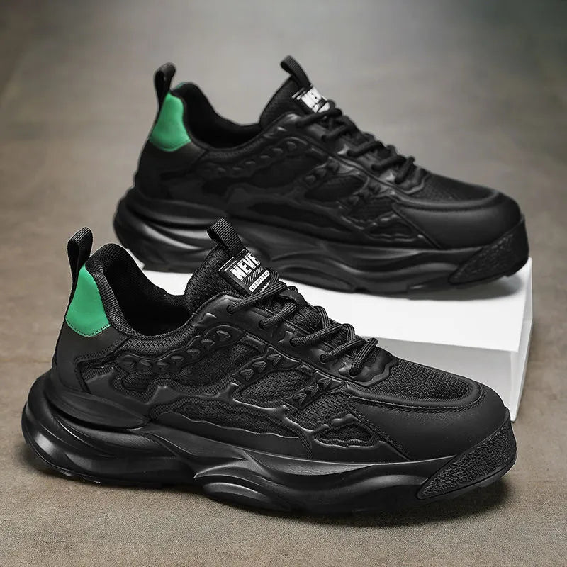 Men's white and black breathable mesh sports shoes with round-toe design and PU upper