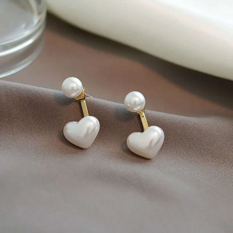 Korean style heart-shaped stud earrings with electroplated alloy and artificial gem inlay