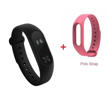 Black Xiaomi Mi Band 2 fitness tracker with OLED screen on a wrist.