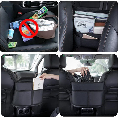 Black leather car seat storage bag with a carbon fibre pattern, shown between vehicle seats.