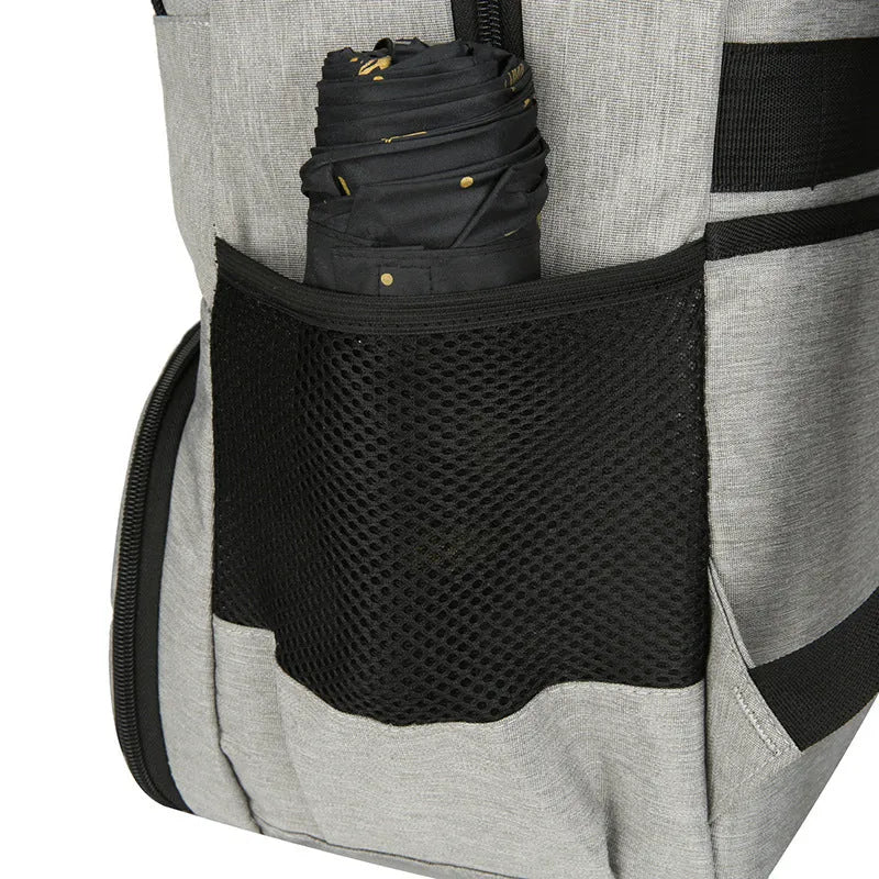 Light grey Oxford cloth insulated picnic backpack with curved shoulder straps and front pockets