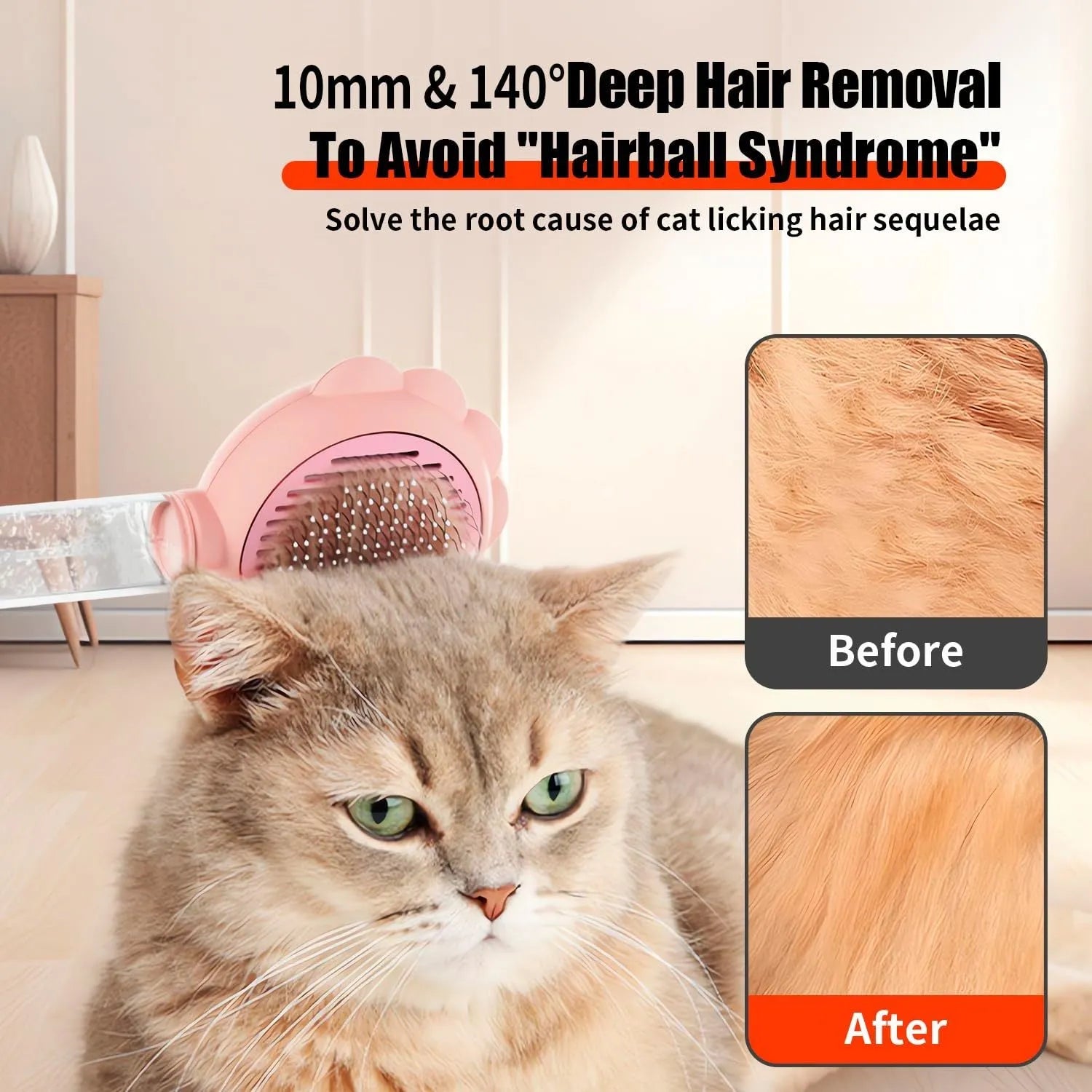 Self-cleaning spray cat grooming brush with stainless steel bristles in grey, green, and pink colour options.