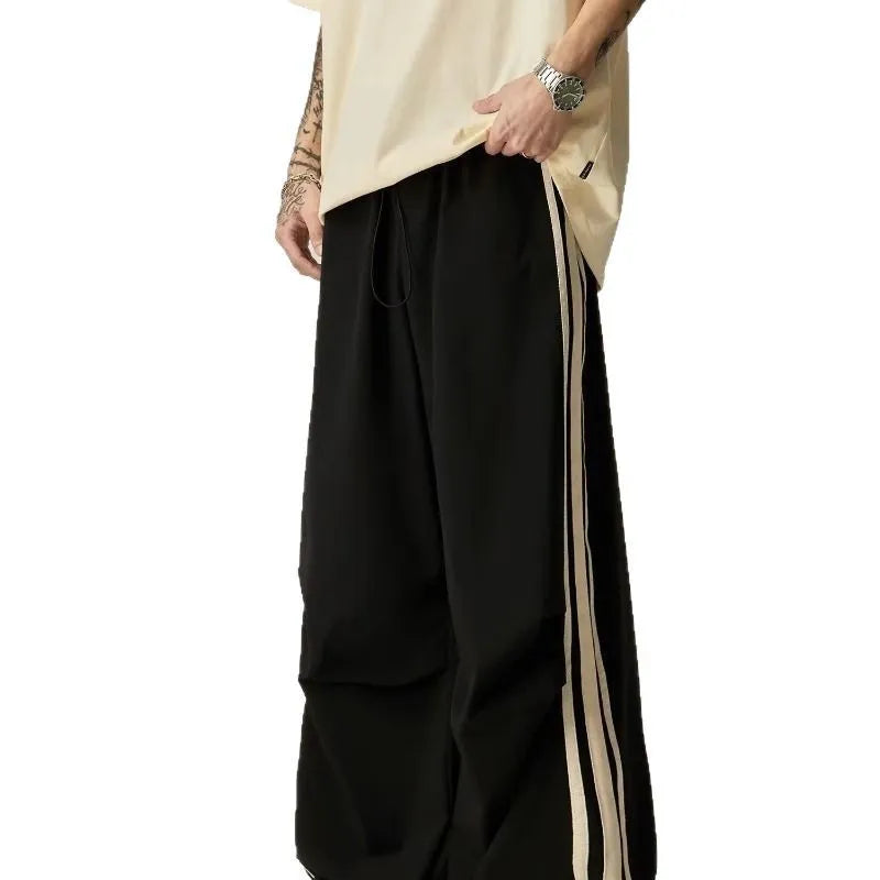 Black wide leg climbing trousers with high-waist design and straight leg cut for men