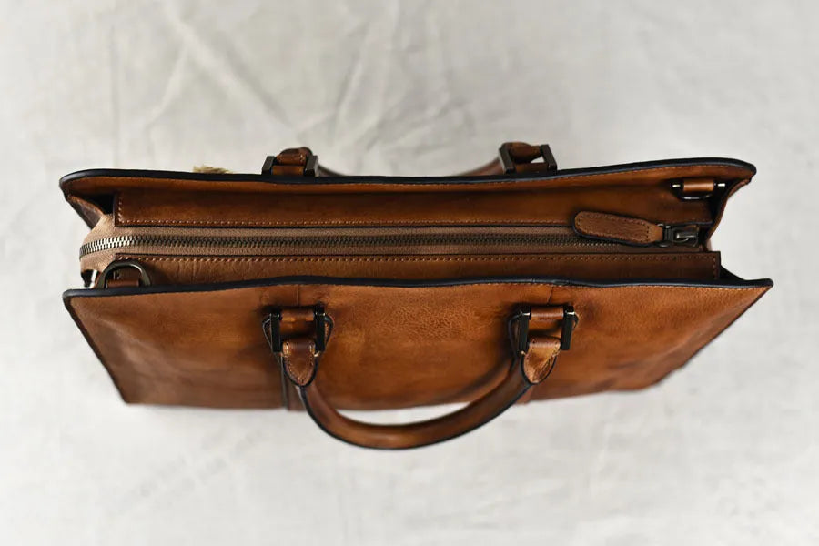 Men's 14 inch horizontal leather business handbag with zipper in khaki colour