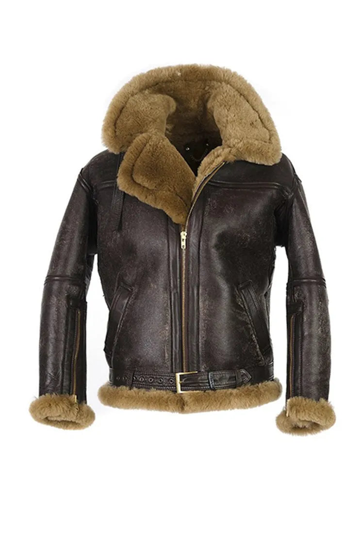 Brown synthetic leather retro fur coat for men with 65cm length and side pockets