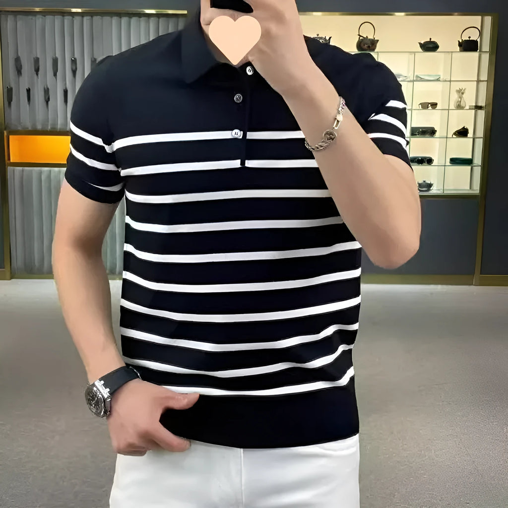 Black and white striped pullover T-shirt with lapel design in Asian sizes M to 3XL