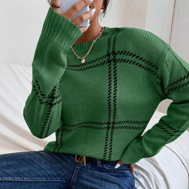 Women's casual plaid colour-block acrylic pullover sweater in loose fit with regular sleeves