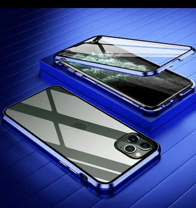 Black glass clamshell anti-spy case on an iPhone, showing geometric design and solid colour.