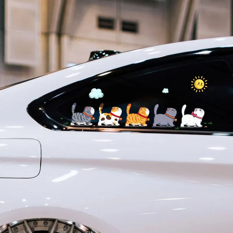 Car sticker with five cats climbing design in waterproof PVC material available in L, M, S sizes