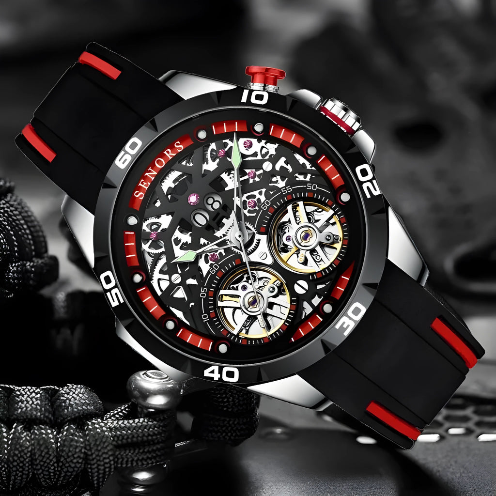 Men's automatic mechanical watch with luminous hollow dial in stainless steel case