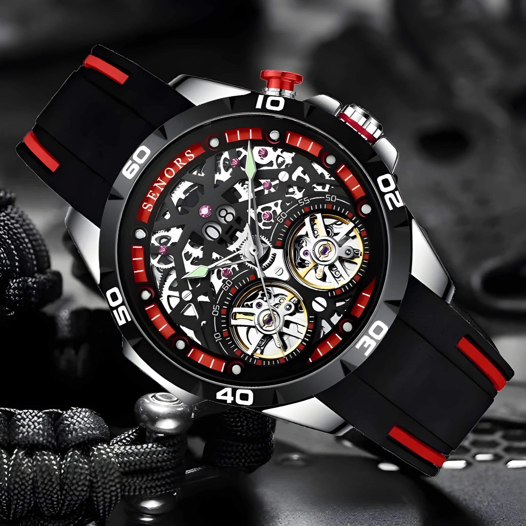 Men's automatic mechanical watch with luminous hollow dial in stainless steel case