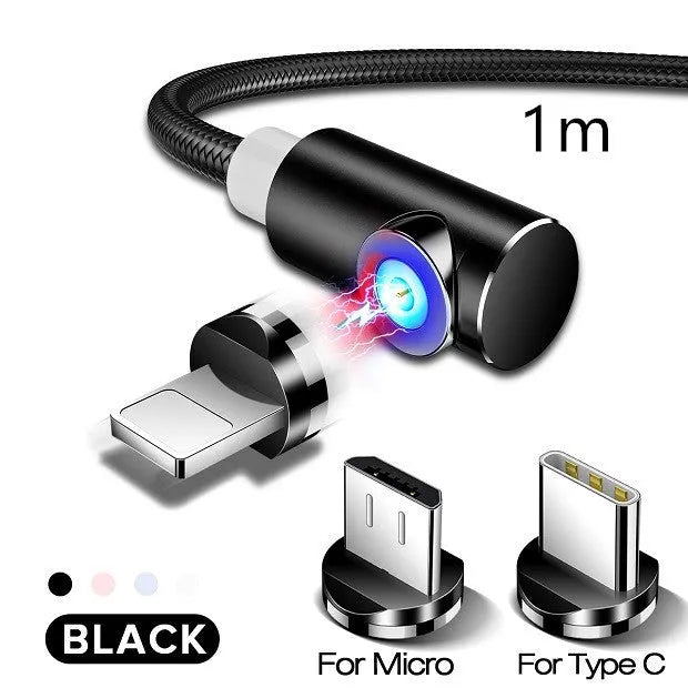 Black magnetic charging cable with aluminium alloy connectors and Micro USB, Type C, and Apple compatible magnetic tips.