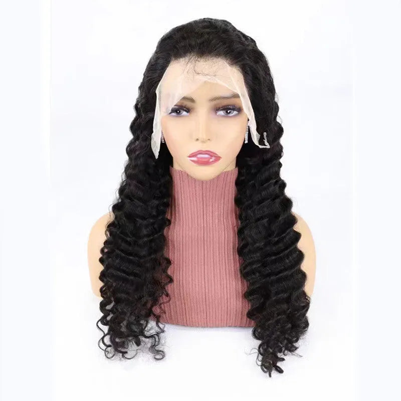 Human hair half lace wig in a solid colour shown at a medium length