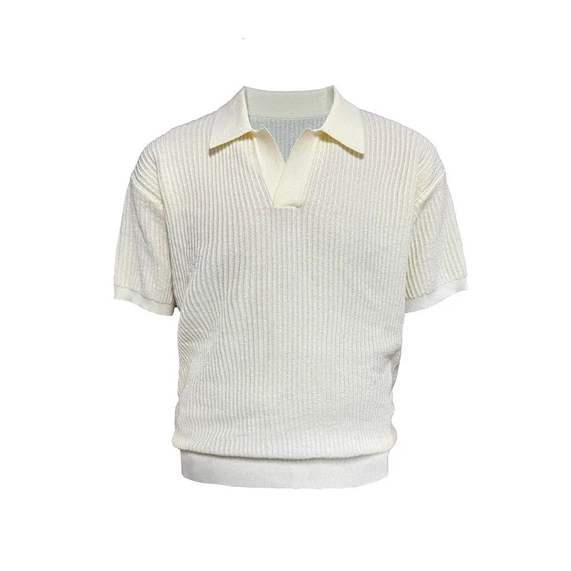 Men's creamy-white striped polo shirt with business collar on hanger