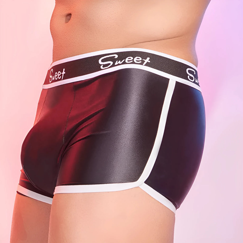 Men's shiny silky nylon boxers in black, white, and sapphire blue colours, free size.