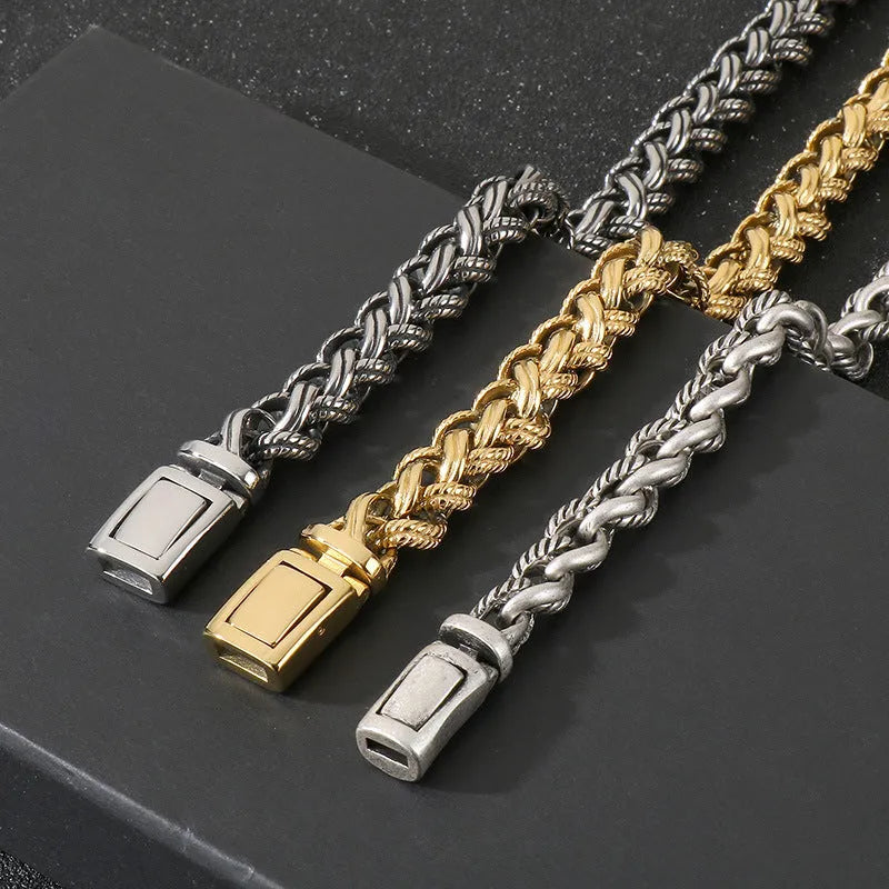 Men's titanium steel geometric keel chain necklace with large hemp flower links in antique silver finish
