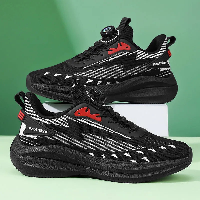 Men's casual sports running shoes with rotating buckle and Fly-kit mesh upper in white green colour
