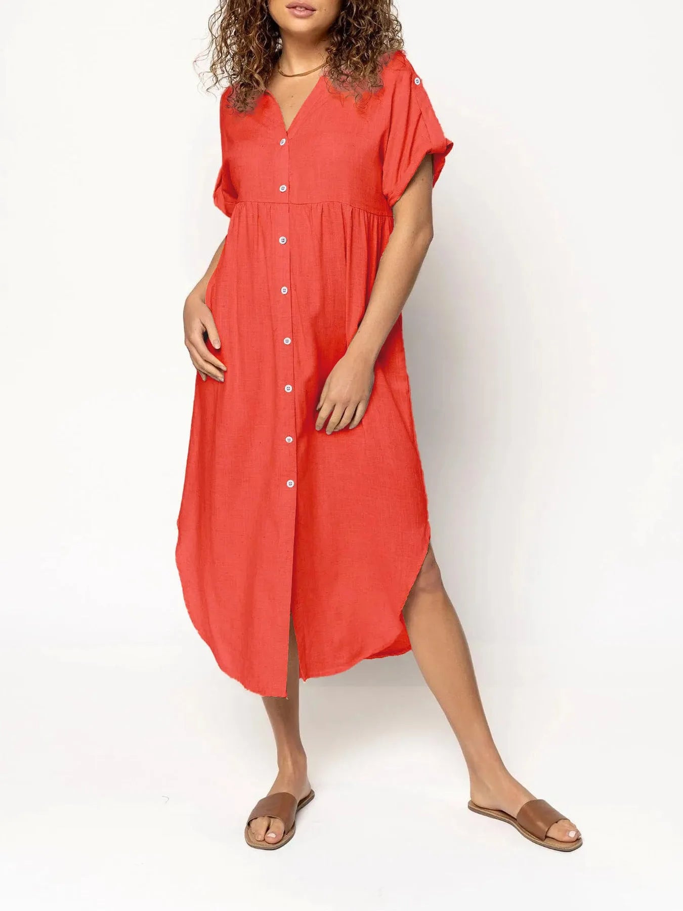 Button-front mid-length casual dress in loose fit available in multiple solid colours