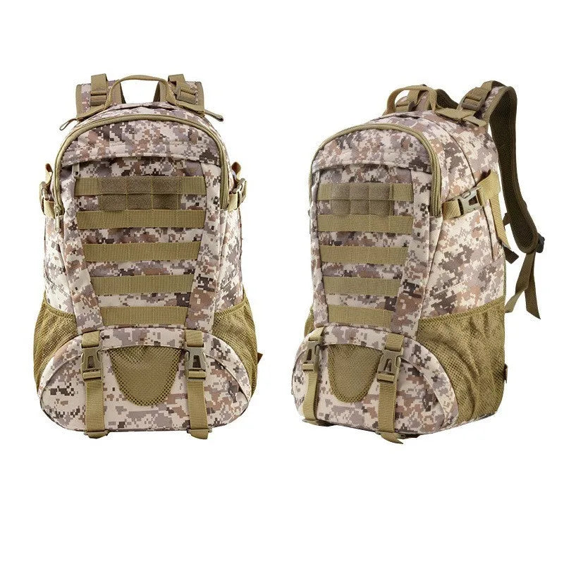 Green Oxford cloth mountaineering backpack with air pillow belt, shown with a large main compartment.
