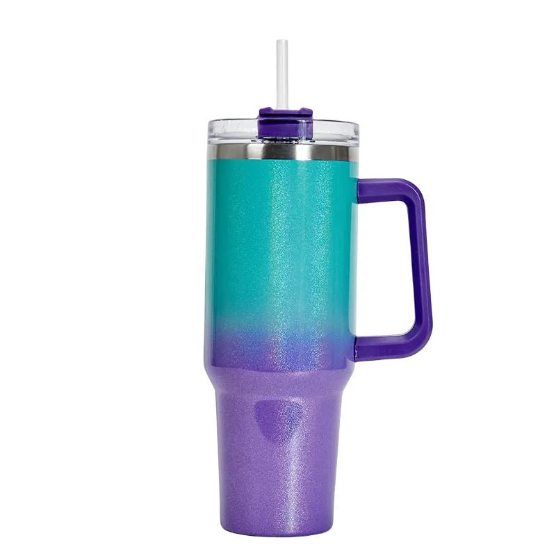 Large stainless steel vacuum insulated cup in a gradient colour option showing its height and simple style.
