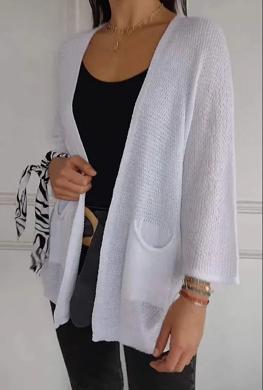 Women's waffle knit cardigan coat with nine-quarter sleeves in army green colour