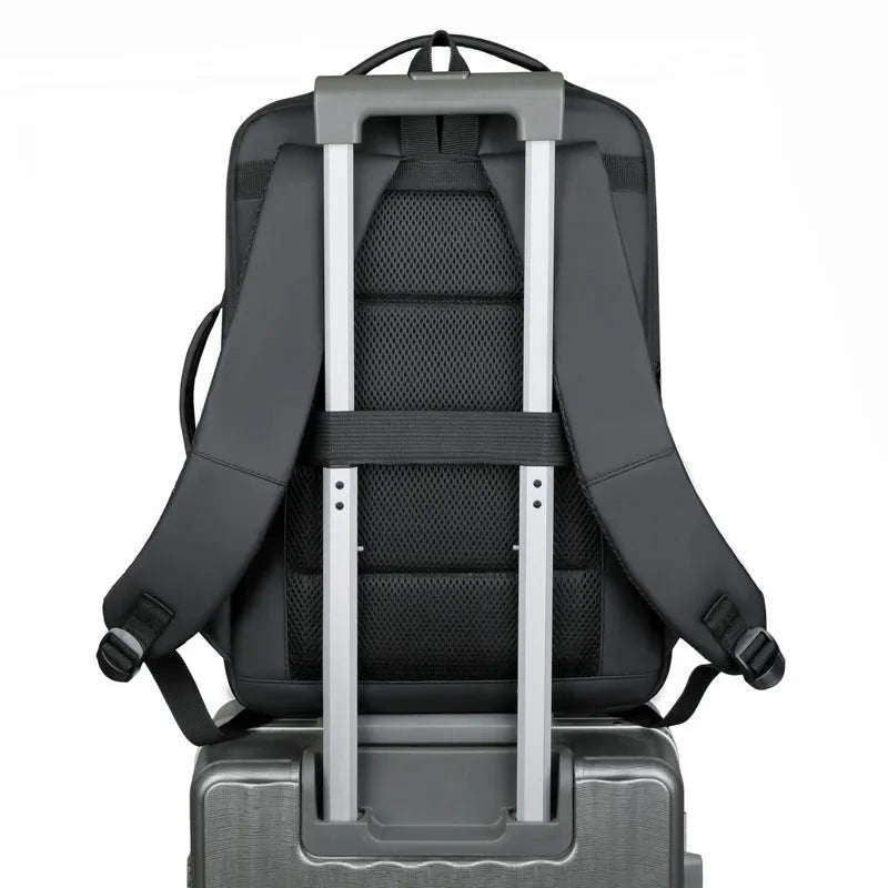 Waterproof Oxford cloth backpack with curved shoulder straps showing black and grey colour options