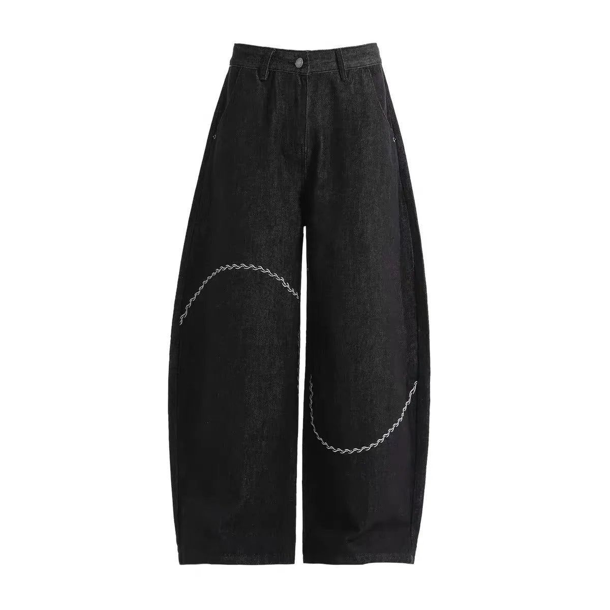 Black straight-leg men's trousers with a mid waist and zip fly, made from micro-elastic denim.