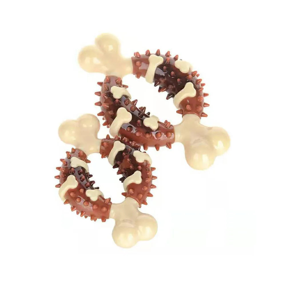 Bone-shaped natural rubber dog molar chew toy for teeth cleaning and anxiety relief in two sizes.