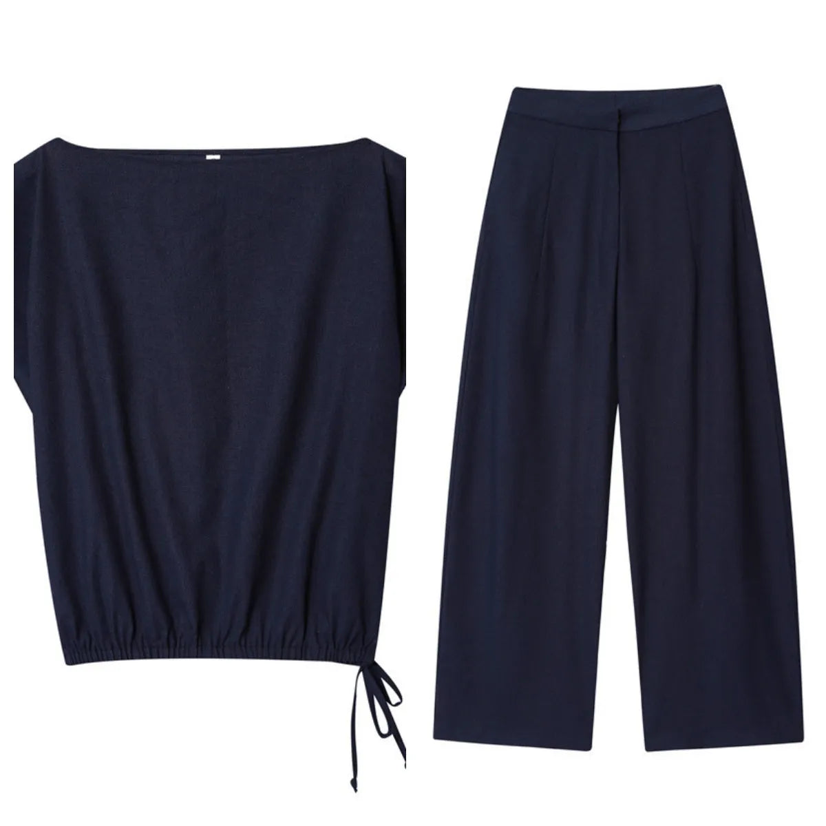 Women's linen-look polyester blend co-ord set with flounced sleeve shirt and wide leg trousers.